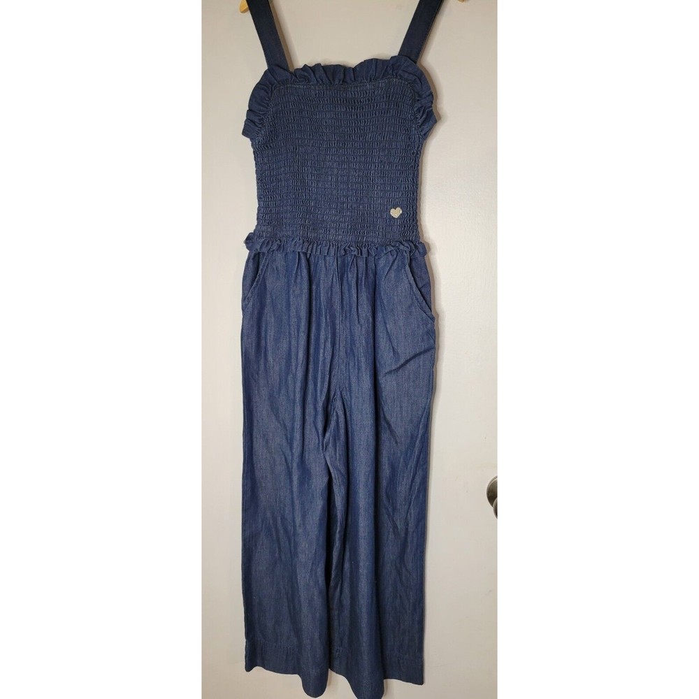 New Bebe Girls S 7-8 Denim Look Gathered Bodice Strapped Jumper Romper